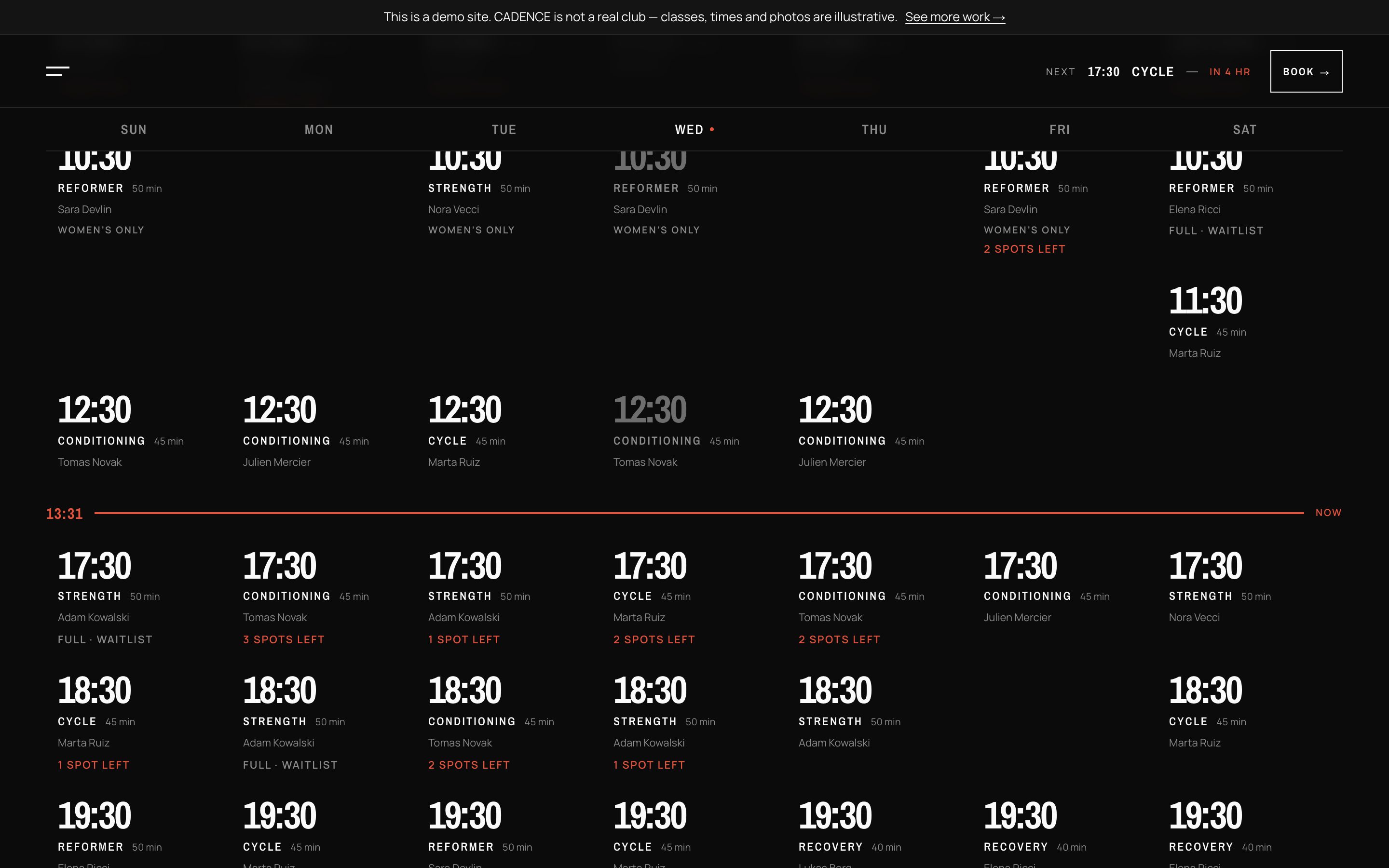 The CADENCE week timetable with a red line labelled NOW drawn across it, finished classes dimmed above.