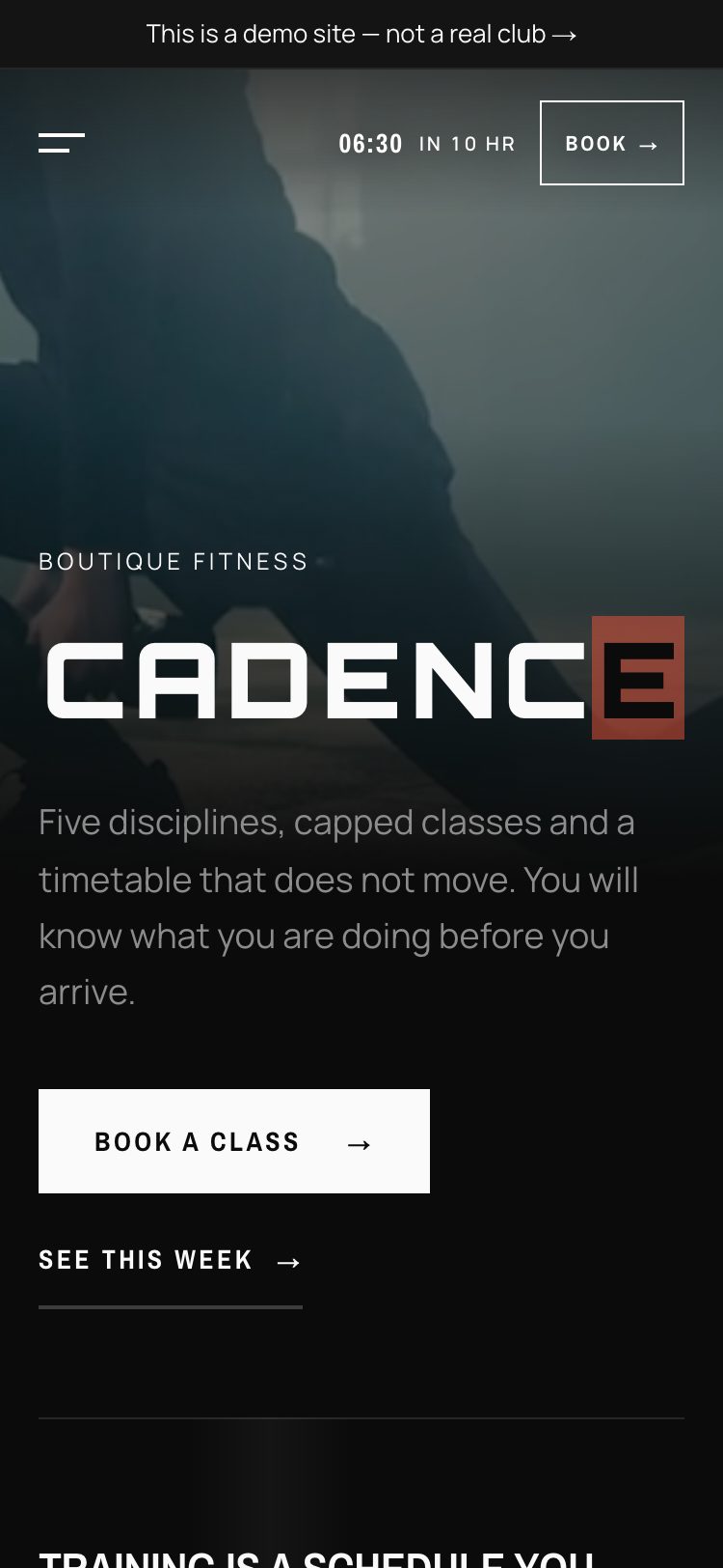 The same CADENCE home page on a phone, wordmark and two actions stacked over the photograph.